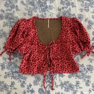 Free People Pink Floral Puff Sleeve Blouse